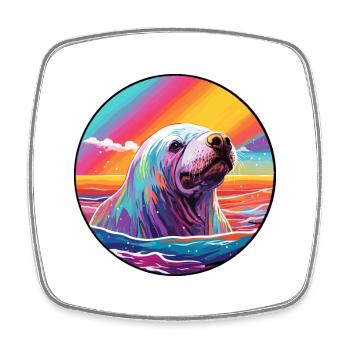 Walrus Colorful Watercolor Cartoon Kawaii Animal - Square fridge magnet - white - Front