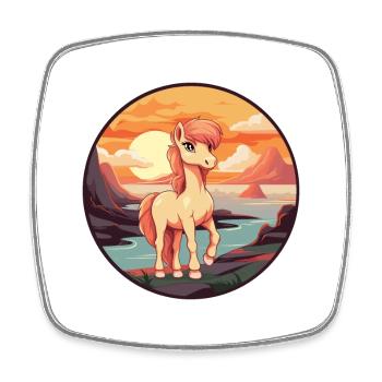 Poney Aquarelle Colorée Dessin Animé Kawaii Animal - Magnet carré - blanc - Devant