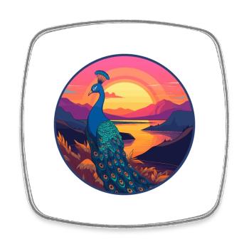 Peacock Colorful Watercolor Cartoon Kawaii Animal - Square fridge magnet - white - Front