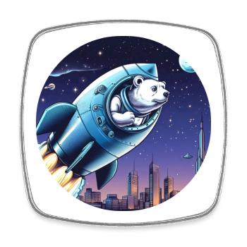 Rocket with bear takes off into space in front of night sky - Square fridge magnet - white - Front