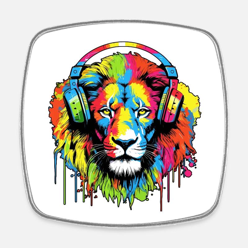 Lion avec casque Lion tête de lion - Magnet carré - blanc