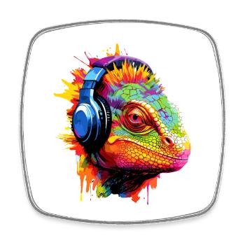 Chameleon with Headphones Music Chameleons - Square fridge magnet - white - Front