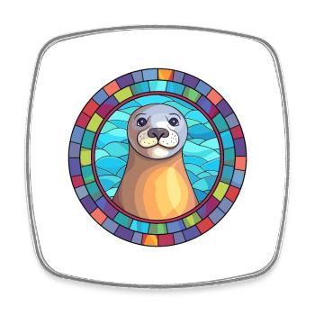 Seal Stained Glass Colorful Cartoon Kawaii Animal - Square fridge magnet - white - Front