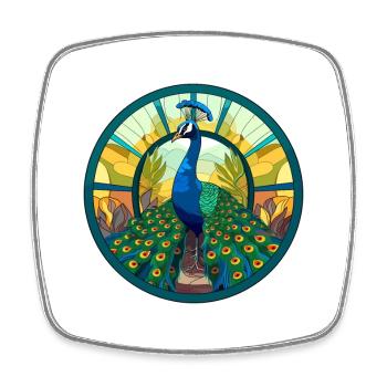 Paon vitrail coloré dessin animé Kawaii Anim - Magnet carré - blanc - Devant
