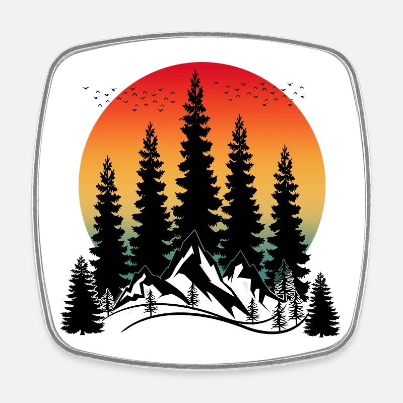 COUCHER DE SOLEIL MONTAGNE ET ARBRES - Magnet carré - blanc