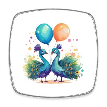 Peacocks Kawaii Cartoon Pet Playing With Balloons - Square fridge magnet - white - Front