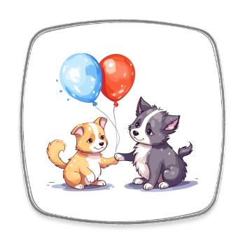 Cat And Dog Kawaii Cartoon Playing With Balloons - Square fridge magnet - white - Front