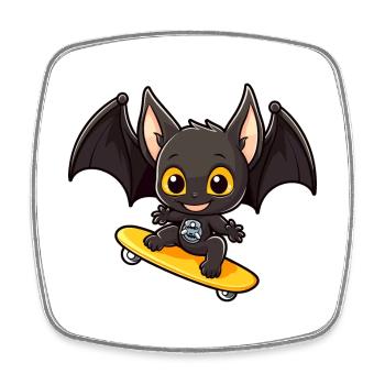 Funny Bat Kawaii Cartoon Pet Playing Skateboard - Square fridge magnet - white - Front