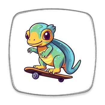 Drôle Caméléon Kawaii Cartoon Jouer Skateboard - Magnet carré - blanc - Devant