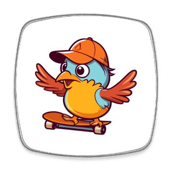 Drôle d’oiseau kawaii dessin animé animal de compagnie jouant à la planche à roulettes - Magnet carré - blanc - Devant