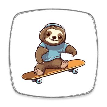 Funny Sloth Kawaii Cartoon Pet Playing Skateboard - Square fridge magnet - white - Front