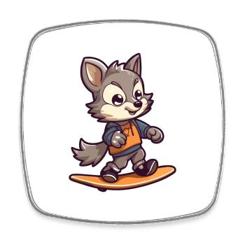 Funny Wolf Kawaii Cartoon Pet Playing Skateboard - Square fridge magnet - white - Front