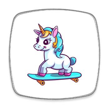 Funny Unicorn Kawaii Cartoon Playing Skateboard - Square fridge magnet - white - Front
