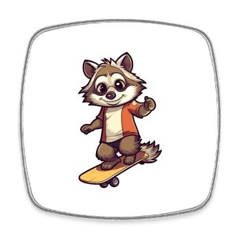 Funny Raccoon Kawaii Cartoon Playing Skateboard - Square fridge magnet - white - Front
