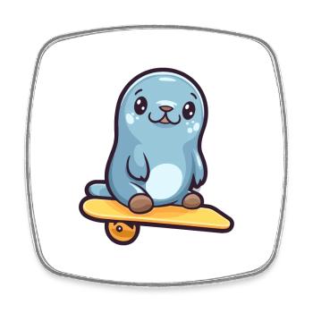 Funny Seal Kawaii Cartoon Pet Playing Skateboard - Square fridge magnet - white - Front
