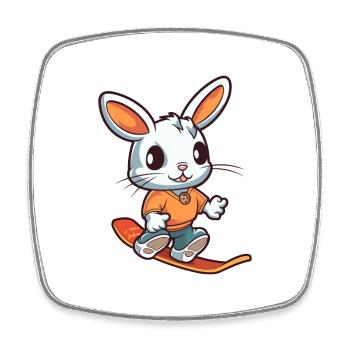 Funny Rabbit Kawaii Cartoon Pet Playing Skateboard - Square fridge magnet - white - Front