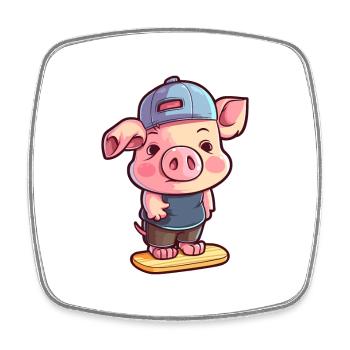 Cochon drôle Kawaii Cartoon Pet Jouant Skateboard - Magnet carré - blanc - Devant