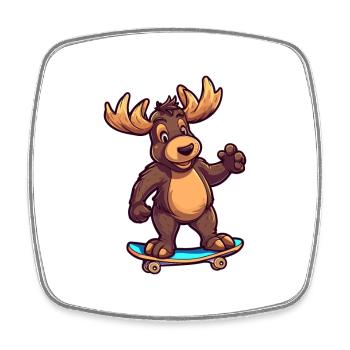 Funny Moose Kawaii Cartoon Pet Playing Skateboard - Square fridge magnet - white - Front