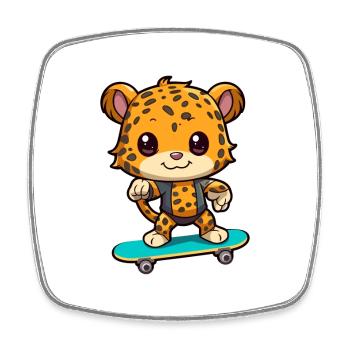 Funny Leopard Kawaii Cartoon Playing Skateboard - Square fridge magnet - white - Front