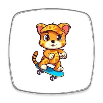 Funny Cougar Kawaii Cartoon Pet Playing Skateboard - Square fridge magnet - white - Front