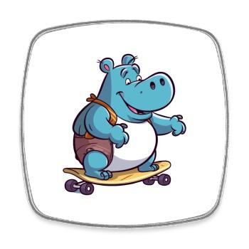 Funny Hippo Kawaii Cartoon Pet Playing Skateboard - Square fridge magnet - white - Front