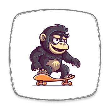 Funny Gorilla Kawaii Cartoon Playing Skateboard - Square fridge magnet - white - Front
