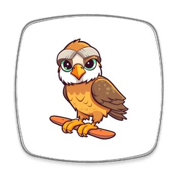 Funny Falcon Kawaii Cartoon Pet Playing Skateboard - Square fridge magnet - white - Front