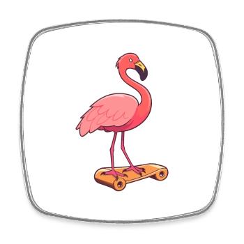 Funny Flamingo Kawaii Cartoon Playing Skateboard - Square fridge magnet - white - Front