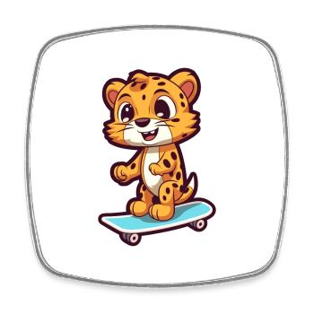 Funny Cheetah Kawaii Cartoon Playing Skateboard - Square fridge magnet - white - Front