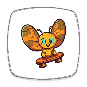 Funny Butterfly Kawaii Cartoon Playing Skateboard - Square fridge magnet - white - Front