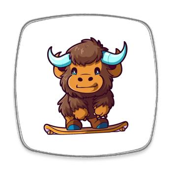 Funny Bison Kawaii Cartoon Pet Playing Skateboard - Square fridge magnet - white - Front