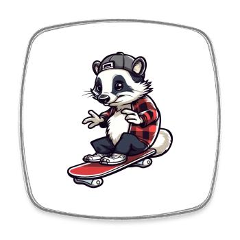 Funny Badger Kawaii Cartoon Pet Playing Skateboard - Square fridge magnet - white - Front
