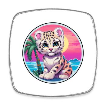 Léopard des neiges bébé chat aquarelle dessin animé Kawaii - Magnet carré - blanc - Devant
