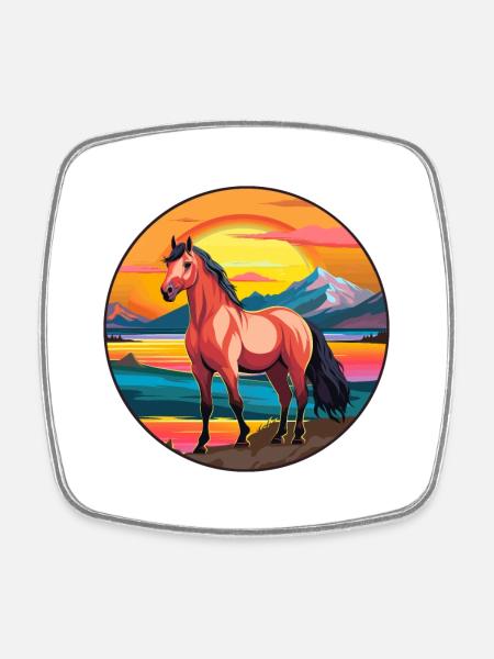 Cheval Aquarelle Colorée Dessin Animé Kawaii Animal - Magnet carré - blanc