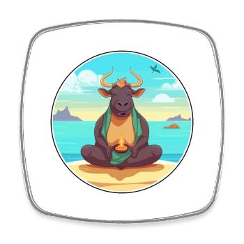 Bull Cartoon Yoga Beach Summer Illustration - Square fridge magnet - white - Front