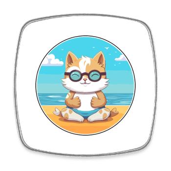 Kitten Cartoon Yoga Beach Summer Illustration - Square fridge magnet - white - Front