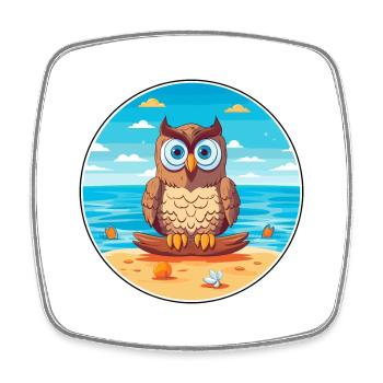 Owl Cartoon Yoga Beach Summer Illustration - Square fridge magnet - white - Front