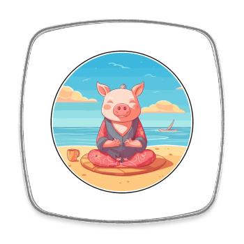 Cochon Cartoon Yoga Plage Illustration D’été - Magnet carré - blanc - Devant