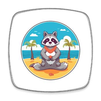 Raccoon Cartoon Yoga Beach Summer Illustration - Square fridge magnet - white - Front