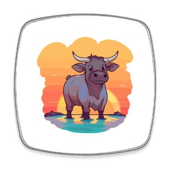 Bull Funny Cartoon Kawaii Beach Illustration - Square fridge magnet - white - Front