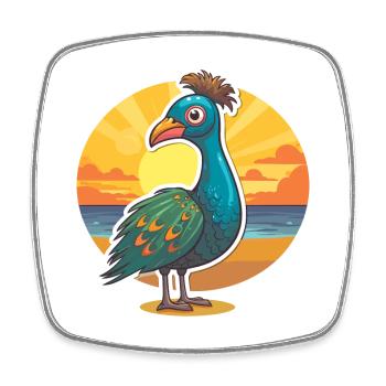 Peacock Funny Cartoon Kawaii Beach Illustration - Square fridge magnet - white - Front