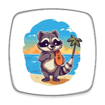 Raccoon Funny Cartoon Kawaii Beach Illustration - Square fridge magnet - white - Front