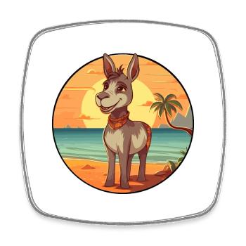 Donkey Funny Cartoon Kawaii Beach Illustration - Square fridge magnet - white - Front