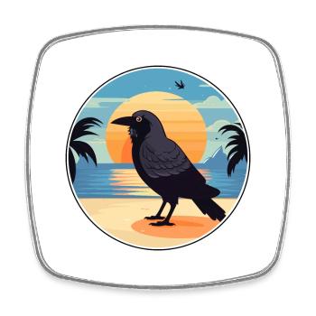 Crow Funny Cartoon Kawaii Beach Illustration - Square fridge magnet - white - Front
