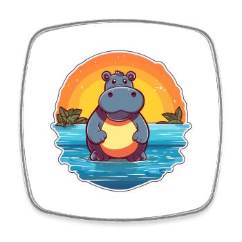 Hippo Funny Cartoon Kawaii Beach Illustration - Square fridge magnet - white - Front