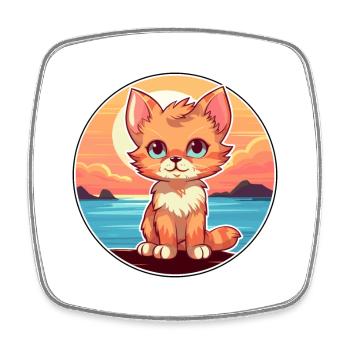Kitten Funny Cartoon Kawaii Beach Illustration - Square fridge magnet - white - Front