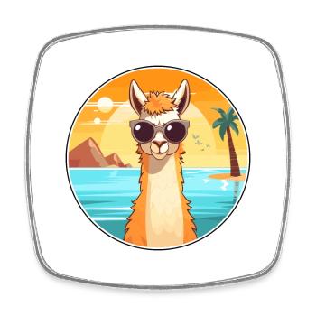 Llama Funny Cartoon Kawaii Beach Illustration - Square fridge magnet - white - Front