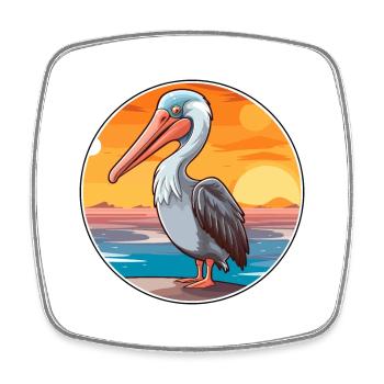 Pelican Funny Cartoon Kawaii Beach Illustration - Square fridge magnet - white - Front
