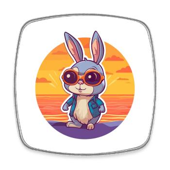 Rabbit Funny Cartoon Kawaii Beach Illustration - Square fridge magnet - white - Front