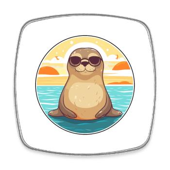 Seal Funny Cartoon Kawaii Beach Illustration - Square fridge magnet - white - Front